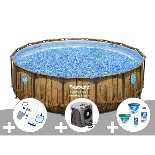 Kit piscine tubulaire ronde Bestway Power Steel avec hublots 4,88 x 1,22 m + Kit de traitement au chlore + Kit d'entretien Deluxe + Pompe à chaleur