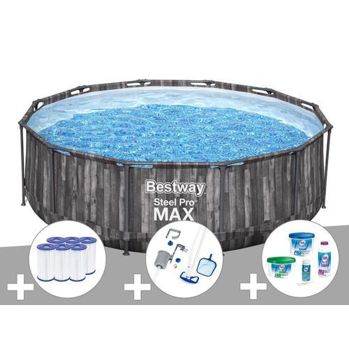 Kit piscine tubulaire ronde Bestway Steel Pro Max décor bois 3,66 x 1,00 m + 6 cartouches de filtration + Kit de traitement au chlore + Kit d'entretien Deluxe