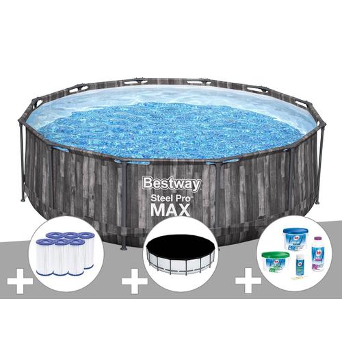 Kit piscine tubulaire ronde Bestway Steel Pro Max décor bois 3,66 x 1,00 m + 6 cartouches de filtration + Kit de traitement au chlore + Bâche de protection