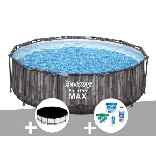 Kit piscine tubulaire ronde Bestway Steel Pro Max décor bois 3,66 x 1,00 m + Kit de traitement au chlore + Bâche de protection