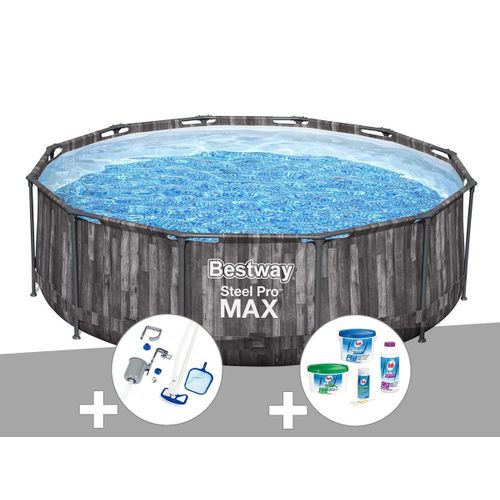 Kit piscine tubulaire ronde Bestway Steel Pro Max décor bois 3,66 x 1,00 m + Kit de traitement au chlore + Kit d'entretien Deluxe