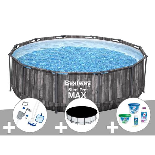 Kit piscine tubulaire ronde Bestway Steel Pro Max décor bois 3,66 x 1,00 m + Kit de traitement au chlore + Kit d'entretien Deluxe + Bâche de protection
