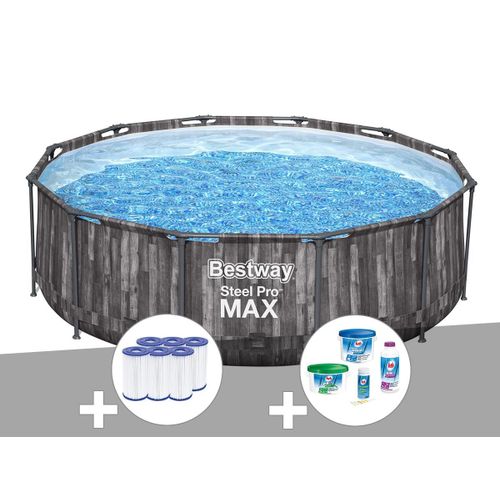 Kit piscine tubulaire ronde Bestway Steel Pro Max décor bois 3,66 x 1,00 m + 6 cartouches de filtration + Kit de traitement au chlore