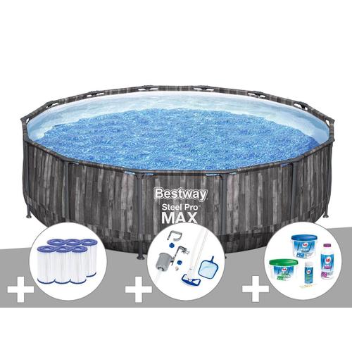 Kit piscine tubulaire ronde Bestway Steel Pro Max décor bois, 4,27 x 1,07 m + 6 cartouches de filtration + Kit de traitement au chlore + Kit d'entretien Deluxe