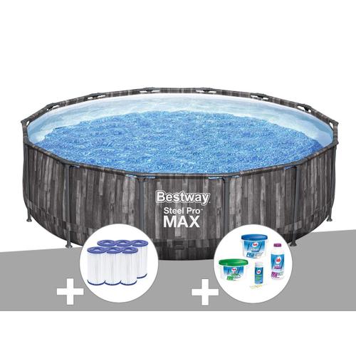 Kit piscine tubulaire ronde Bestway Steel Pro Max décor bois, 4,27 x 1,07 m + 6 cartouches de filtration + Kit de traitement au chlore