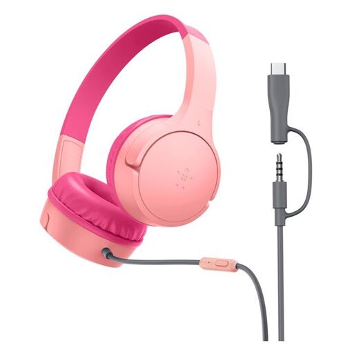 Belkin SoundForm Mini - Écouteurs avec micro - sur-oreille - filaire - jack 3,5mm, USB-C - rose