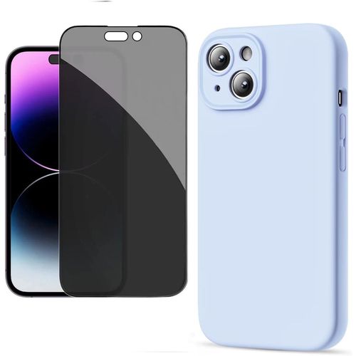 Coque Pour Iphone 15 Plus + 1 Verre Trempé Anti Espion Coque Mat Souple Silicone Ultraslim Bleu Clair Hd