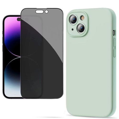 Coque Pour Iphone 15 - 1 Verre Trempé Anti Espion Coque Mat Souple Silicone Ultraslim Vert Hd