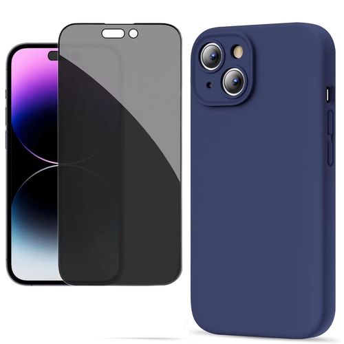 Coque Pour Iphone 15 - 1 Verre Trempé Anti Espion Coque Mat Souple Silicone Ultraslim Bleu Foncé Hd