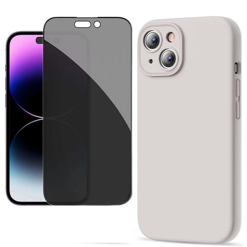 Coque Pour Iphone 15 - 1 Verre Trempé Anti Espion Coque Mat Souple Silicone Ultraslim Blanc