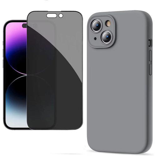 Coque Pour Iphone 15 - 1 Verre Trempé Anti Espion Coque Mat Souple Silicone Ultraslim Gris Hd