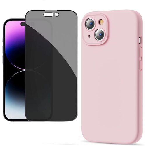 Coque Pour Iphone 15 - 1 Verre Trempé Anti Espion Coque Mat Souple Silicone Ultraslim Rose Hd