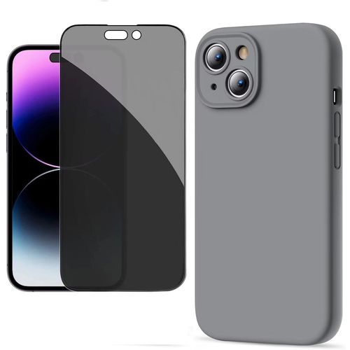 Coque Pour Iphone 15 Plus + 1 Verre Trempé Anti Espion Coque Mat Souple Silicone Ultraslim Gris Hd