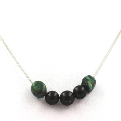Collier Perles Agate Noire 8 Mm + Chrysocolle Des Usa Chaine En Acier Inoxydable.