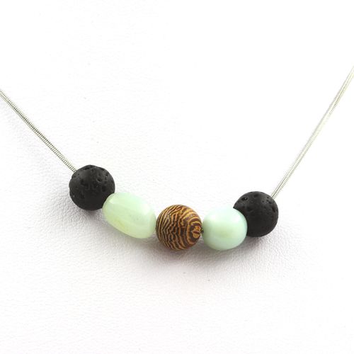 Collier Perles Bois 8 Mm + Lave + Amazonite Du Brésil Chaine En Acier Inoxydable.