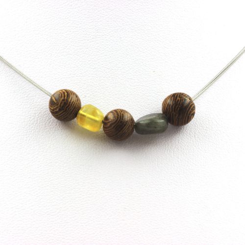 Collier Perles Bois 8 Mm + Opale Jaune D'australie + Labradorite De Chaine En Acier Inoxydable.