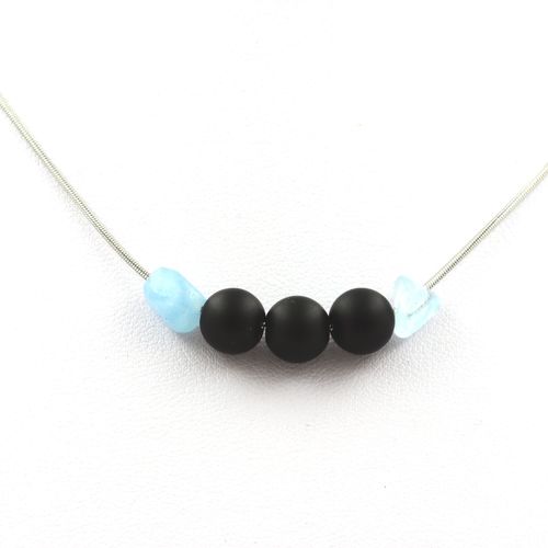 Collier Perles Onyx Noir Mat 8 Mm + Aigue-Marine Du Brésil Chaine En Acier Inoxydable.