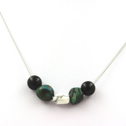 Collier Perles Agate Noire 8 Mm + Chrysocolle Des Usa + Howlite Des Chaine En Acier Inoxydable.