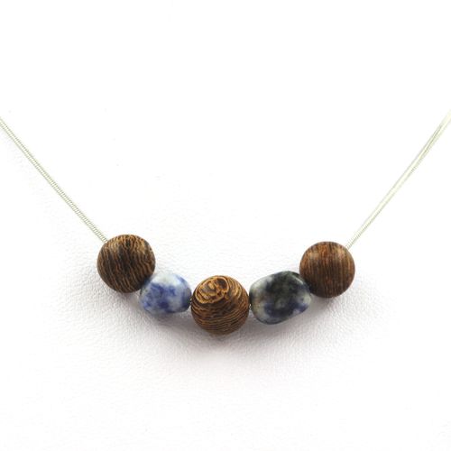 Collier Perles Bois 8 Mm + Jaspe Bleu D'afrique Du Sud Chaine En Acier Inoxydable.