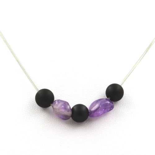 Collier Perles Onyx Noir Mat 8 Mm + Améthyste Du Brésil Chaine En Acier Inoxydable.