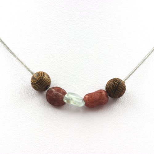 Collier Perles Bois 8 Mm + Aigue-Marine Du Brésil + Rubis Du Brésil Chaine En Acier Inoxydable.