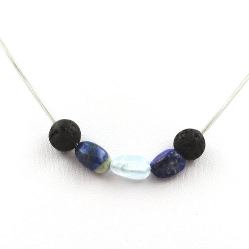 Collier Perles Lave 8 Mm + Lapis Lazuli Du Pakistan + Aigue-Marine Du Chaine En Acier Inoxydable.