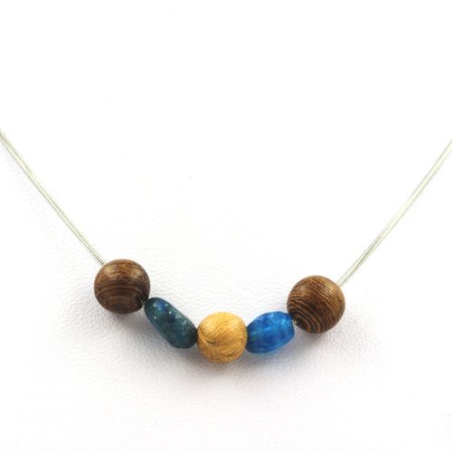 Collier Perles Bois 8 Mm + Apatite Bleu Du Brésil Chaine En Acier Inoxydable.