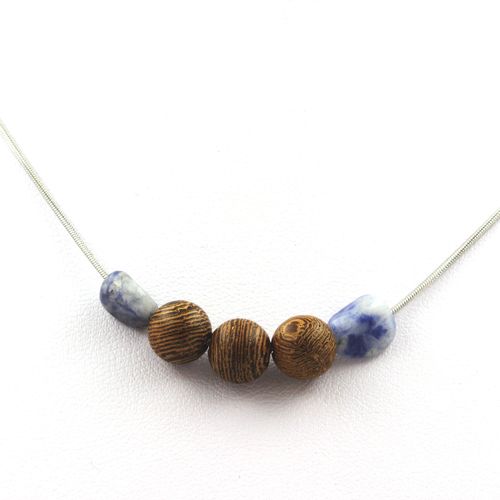 Collier Perles Bois 8 Mm + Jaspe Bleu D'afrique Du Sud Chaine En Acier Inoxydable.
