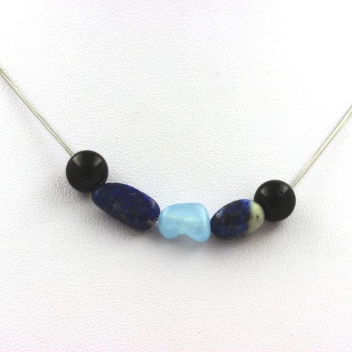Collier Perles Agate Noire 8 Mm + Aigue-Marine Du Brésil + Lapis Chaine En Acier Inoxydable.