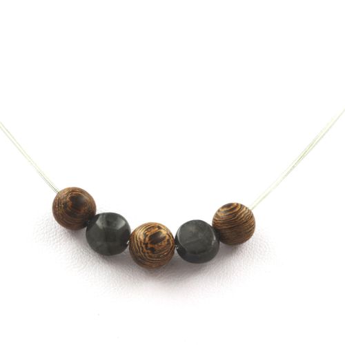 Collier Perles Bois 8 Mm + Labradorite De Finlande Chaine En Acier Inoxydable.