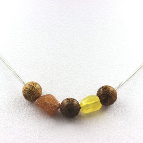 Collier Perles Bois 8 Mm + Pierre De Soleil De Tanzanie + Opale Jaune Chaine En Acier Inoxydable.