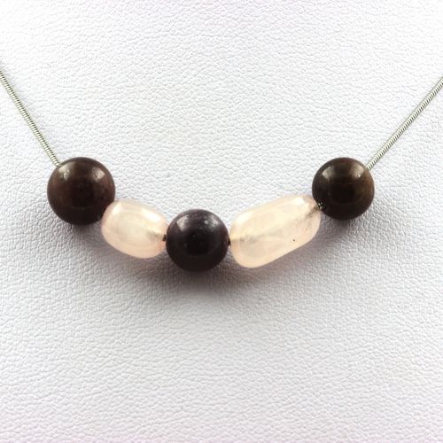 Collier Perles Rubis De Mogok, Birmanie, Myanmar 8 Mm + Quartz Rose Du Chaine En Acier Inoxydable.