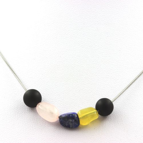 Collier Perles Onyx Noir Mat 8 Mm + Quartz Rose Du Brésil + Lapis Chaine En Acier Inoxydable.