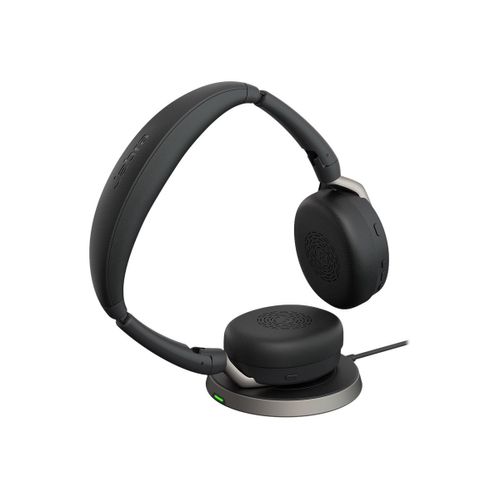 Jabra Evolve2 65 Flex UC Stereo - Micro-casque - sur-oreille - Bluetooth - sans fil - Suppresseur de bruit actif - USB-C - noir - avec socle de recharge sans fil - Optimisé pour la CU