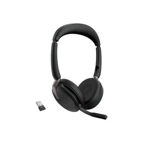 Jabra Evolve2 65 Flex UC Stereo - Micro-casque - sur-oreille - Bluetooth - sans fil - Suppresseur de bruit actif - USB-A - noir - avec socle de recharge sans fil - Optimisé pour la CU