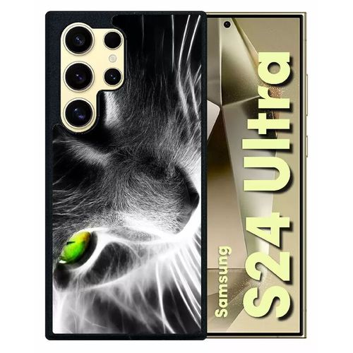 Coque Pour Galaxy S24 Ultra - Chat Noir Et Blanc Yeux Vert - Silicone - Noir