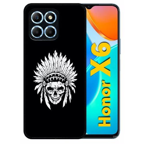 Coque Pour Honor X6 - Tete De Mort Coiffe Indienne Noir Et Blanc - Silicone - Noir