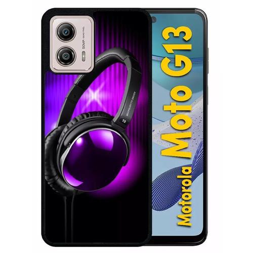 Coque Pour Motorola Moto G13 - Casque Audio Violet Fond Noir - Silicone - Noir