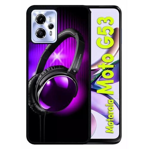 Coque Pour Motorola Moto G53 - Casque Audio Violet Fond Noir - Silicone - Noir