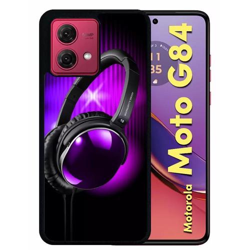 Coque Pour Motorola Moto G84 - Casque Audio Violet Fond Noir - Silicone - Noir