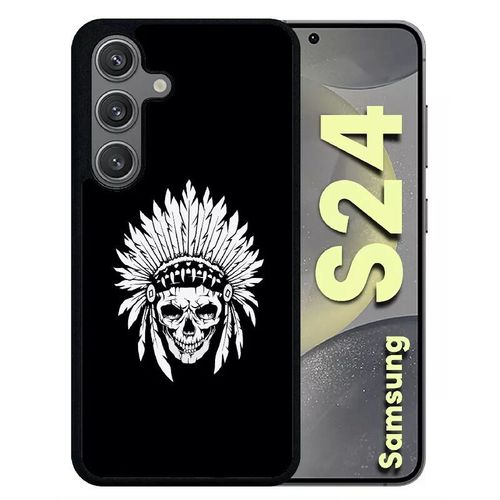 Coque Pour Galaxy S24 - Tete De Mort Coiffe Indienne Noir Et Blanc - Silicone - Noir