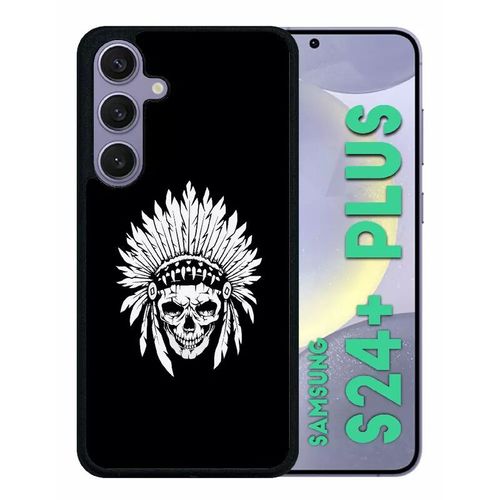 Coque Pour Galaxy S24+ - Tete De Mort Coiffe Indienne Noir Et Blanc - Silicone - Noir