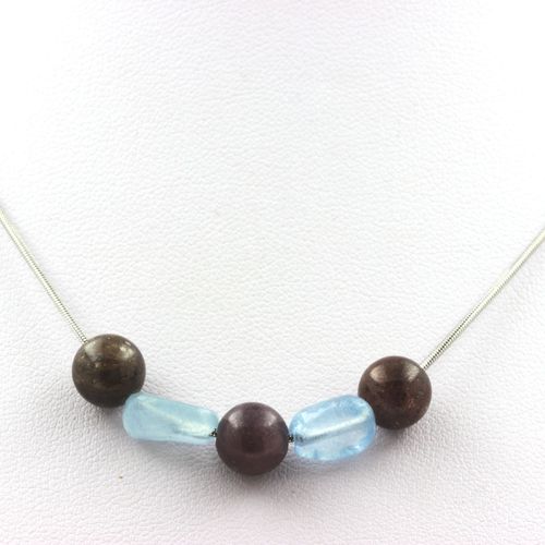 Collier Perles Rubis De Mogok, Birmanie, Myanmar 8 Mm + Aigue-Marine Chaine En Acier Inoxydable.