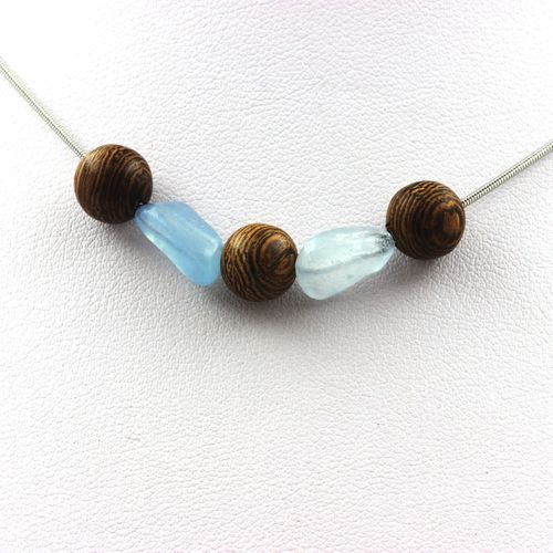Collier Perles Bois 8 Mm + Aigue-Marine Du Brésil Chaine En Acier Inoxydable.