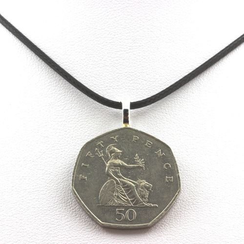 Collier Pièce De Monnaie Royaume-Uni 50 Pence Elizabeth Ii 3e Effigie, Cordon Noir.