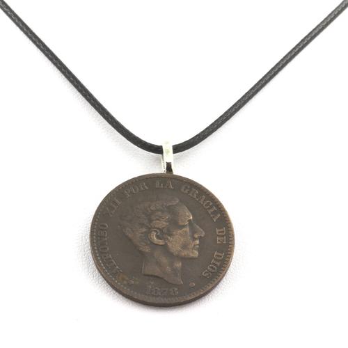 Collier Pièce De Monnaie Espagne 5 Centimos Alphonse Xii. Cordon Noir.