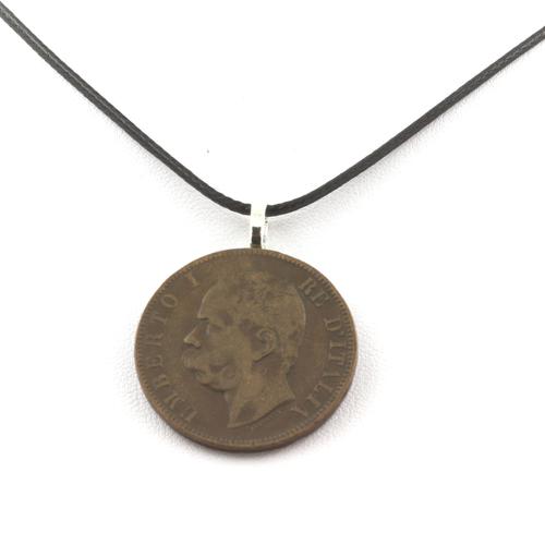 Collier Pièce De Monnaie Italie 10 Centesimi Umberto Ier Cordon Noir.