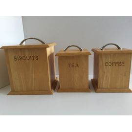 Set Lot De 3 Boites Pots Décoratifs Biscuits Thé Café Petit Déjeuner Bois Inox
