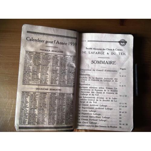 Calendrier Pour L'année 1939 Société Anonyme Des Chaux Et Ciments De Lafarge Et Du Teil