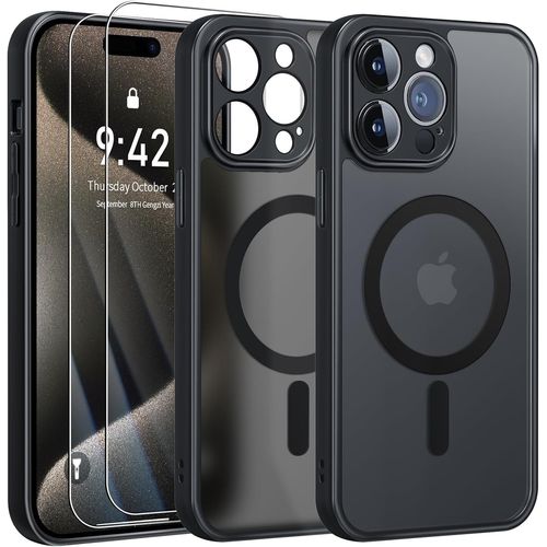 Coque Pour Iphone 15 Pro - 2 Vitres Verre Trempé Protège Caméra Intégré Magnetique Magsafe Noir
